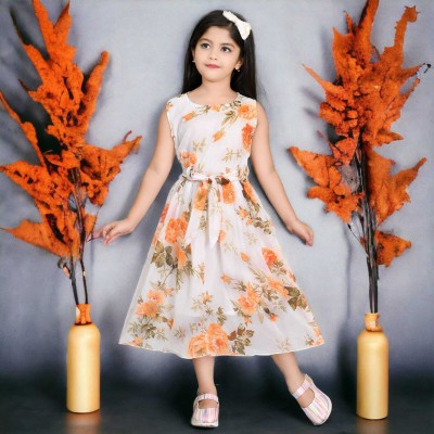 Chandrika Indi Girls Calf Length Casual Dress(Orange, Sleeveless)