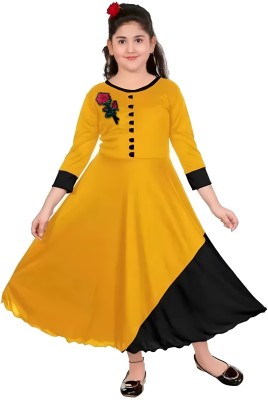 Fashion Oasis Indi Girls Maxi/Full Length Casual Dress(Yellow, 3/4 Sleeve)