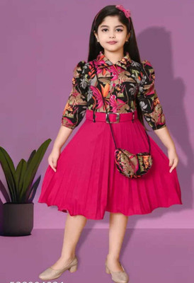 arisfashion Indi Girls Above Knee Casual Dress(Pink, 3/4 Sleeve)