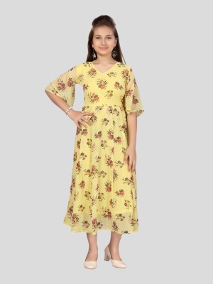 Aarika Girls Maxi/Full Length Casual Dress(Yellow, Fashion Sleeve)