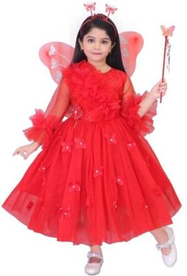 ARUNA CREATIONn Girls Midi/Knee Length Party Dress(Red, 3/4 Sleeve)