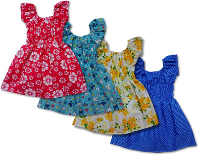 Kaushiki Enterprises Girls Midi/Knee Length Casual Dress(Multicolor, Short Sleeve)