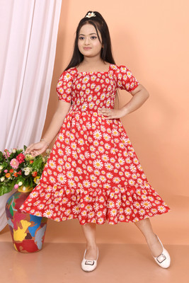 SHREESHYAMDARBAR Indi Girls Midi/Knee Length Festive/Wedding Dress(Multicolor, Short Sleeve)