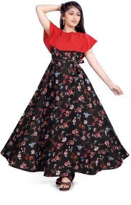 Aarya Designer Girls Maxi/Full Length Casual Dress(Red, Short Sleeve)