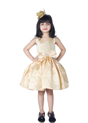 Shahina Fashion Indi Girls Midi/Knee Length Party Dress(Gold, Sleeveless)