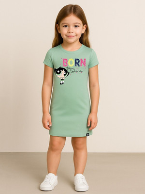 YK X Minute Mirth Girls Midi/Knee Length Casual Dress(Green, Short Sleeve)