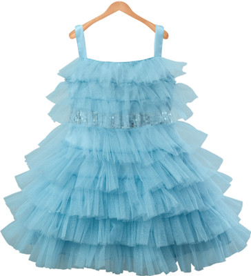 YOUNG BIRDS Indi Baby Girls Midi/Knee Length Party Dress(Light Blue, Sleeveless)