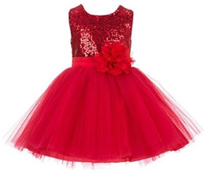 Wish littlle Girls Midi/Knee Length Party Dress(Red, Sleeveless)