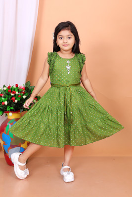 Bongprince Girls Midi/Knee Length Casual Dress(Green, Sleeveless)