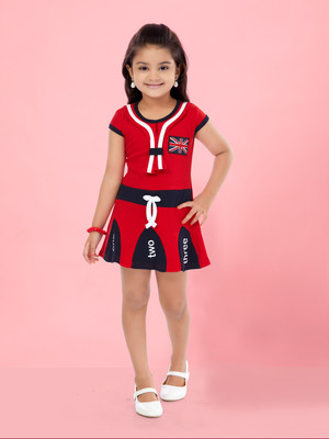 Aarika Indi Girls Midi/Knee Length Casual Dress(Red, Short Sleeve)