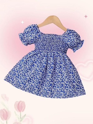 Varni Enterprise Girls Midi/Knee Length Casual Dress(Blue, Short Sleeve)