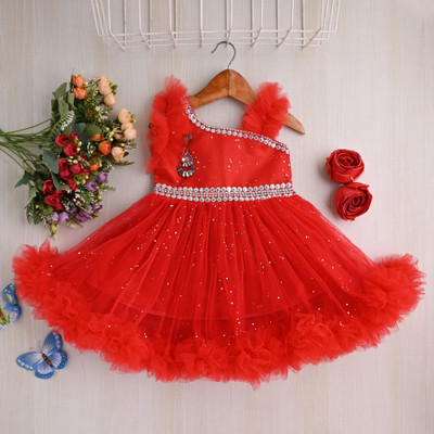 LM FASHION Indi Baby Girls Below Knee Party Dress(Red, Sleeveless)