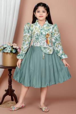 ChromaFashion Girls Midi/Knee Length Casual Dress(Green, 3/4 Sleeve)