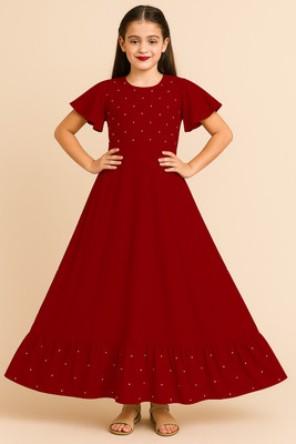futureone Girls Maxi/Full Length Festive/Wedding Dress(Maroon, Cap Sleeve)