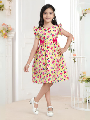 SO FRIC Indi Girls Midi/Knee Length Casual Dress(Yellow, Short Sleeve)