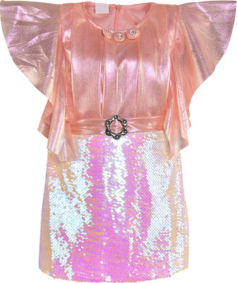 Wishkaro Girls Midi/Knee Length Party Dress(Orange, Short Sleeve)