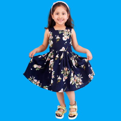 HouseOfCommon Girls Below Knee Casual Dress(Dark Blue, Sleeveless)