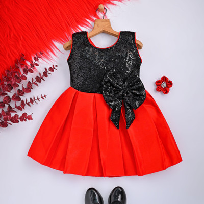 F B Collction Girls Midi/Knee Length Party Dress(Red, Sleeveless)