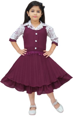 JULIO Indi Girls Midi/Knee Length Casual Dress(Purple, 3/4 Sleeve)