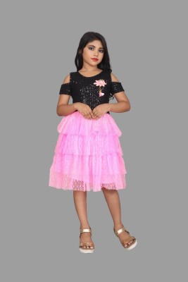 WAZIX Clothing Girls Midi/Knee Length Party Dress(Pink, Short Sleeve)