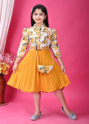 RTNGARMENTS N/A Girls Above Knee Casual Dress(Yellow, 3/4 Sleeve)