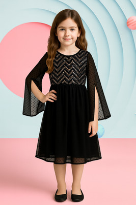 Lazy Shark Girls Calf Length Party Dress(Black, 3/4 Sleeve)