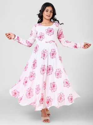 HouseOfCommon Girls Maxi/Full Length Casual Dress(White, Full Sleeve)