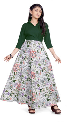 Aarya Designer Girls Maxi/Full Length Casual Dress(Dark Green, 3/4 Sleeve)