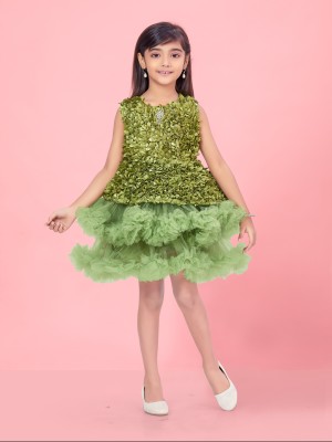 Kidotsav Indi Girls Midi/Knee Length Party Dress(Green, Sleeveless)