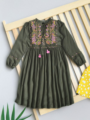 Bella Moda Girls Midi/Knee Length Casual Dress(Green, 3/4 Sleeve)