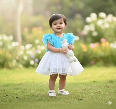 new gen Baby Girls Above Knee Casual Dress(Light Blue, Short Sleeve)