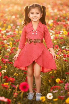 KAARIGARI Girls Midi/Knee Length Party Dress(Red, Fashion Sleeve)