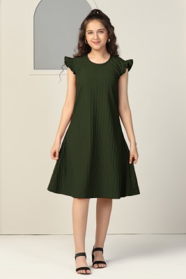 Ompax Girls Midi/Knee Length Casual Dress(Dark Green, Cap Sleeve)