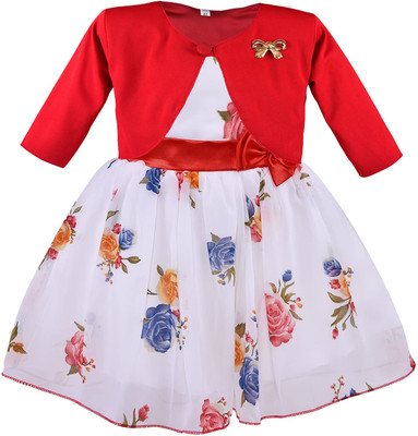 Wish Karo Girls Midi/Knee Length Party Dress(White, Full Sleeve)