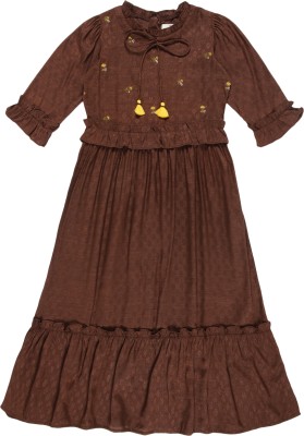 YOUNG BIRDS Indi Girls Maxi/Full Length Casual Dress(Brown, Half Sleeve)