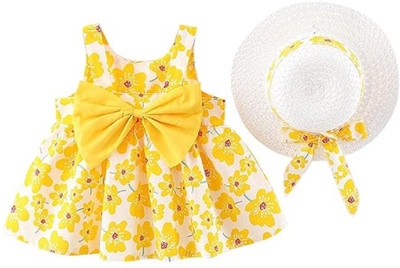 Bold N Elegant Indi Baby Girls Midi/Knee Length Casual Dress(Yellow, White, Sleeveless)