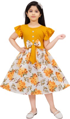 Latest Dresses Girls Midi/Knee Length Party Dress(Yellow, Short Sleeve)