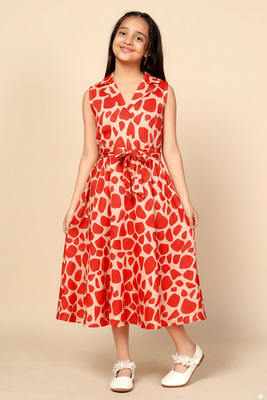 Fashion Dream Girls Calf Length Casual Dress(Orange, Sleeveless)
