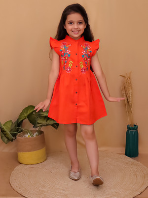 JEXPORT Indi Girls Midi/Knee Length Casual Dress(Orange, Cap Sleeve)