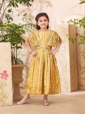 Billion Indi Girls Maxi/Full Length Casual Dress(Yellow, Sleeveless)