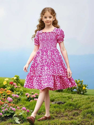 SwaraCreation Indi Girls Midi/Knee Length Casual Dress(Pink, Half Sleeve)
