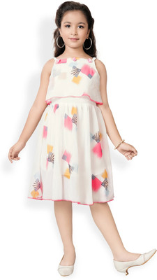 fastvilla Girls Midi/Knee Length Festive/Wedding Dress(White, Sleeveless)