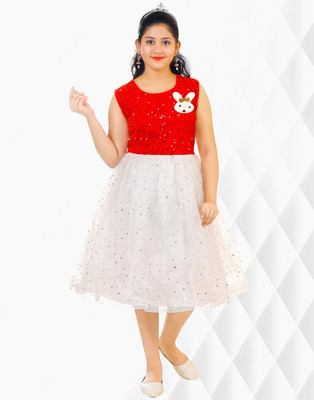 KAARIGARI Girls Below Knee Casual Dress(Red, Sleeveless)