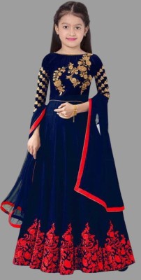 vrajvani fashion Girls Maxi/Full Length Festive/Wedding Dress(Blue, 3/4 Sleeve)