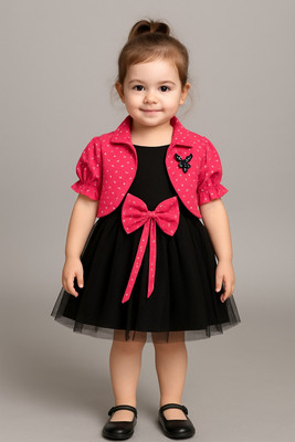 RupMilanKolkata Girls Mini/Short Party Dress(Pink, Black, Short Sleeve)