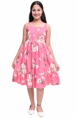 NAIDA Girls Midi/Knee Length Casual Dress(Pink, Sleeveless)