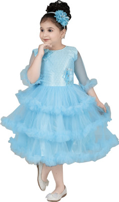 TrendyCreations Baby Girls Midi/Knee Length Festive/Wedding Dress(Blue, 3/4 Sleeve)