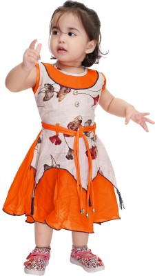 Smuktar garments Indi Baby Girls Calf Length Casual Dress(Orange, Sleeveless)