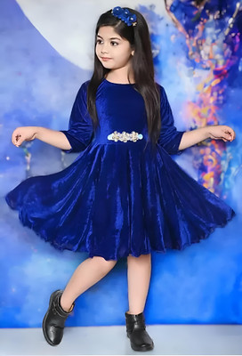 SM NOOR DRESSES Indi Girls Midi/Knee Length Party Dress(Blue, 3/4 Sleeve)