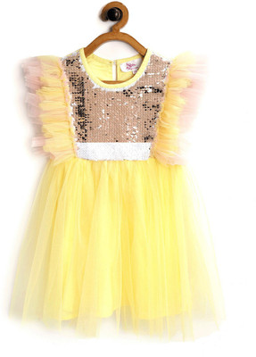Bella Moda Girls Midi/Knee Length Party Dress(Yellow, Sleeveless)
